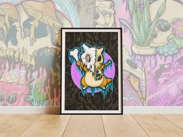 Drippy Cubone Skeleton art print on matte paper. Half Cubone, half skeleton, dripping with neon blue textures against a lavender circle backdrop.