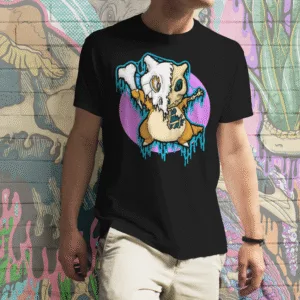 Black t-shirt featuring Pokémon-inspired gothic fan art of Cubone illustrated as a melting skeleton in bold dripping colors, original artwork by illymakes.