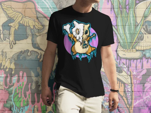 Black t-shirt featuring Pokémon-inspired gothic fan art of Cubone illustrated as a melting skeleton in bold dripping colors, original artwork by illymakes.