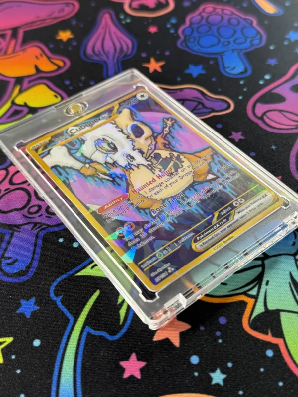 Alternate angled view of custom Drippy Cubone EX Pokémon card with drippy skull art and shimmering laminate, no slab
