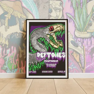 Drippy Deftones Buffalo, NY fan concert poster print. Features a dripping serpent skull with neon green slime and purple backdrop, styled as a concert poster.