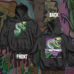 Black unisex hoodie with a dripping serpent skull design on the chest, and the full poster design on the back. Features bold neon green drips, coiled snake skeleton, and sharp fang details.
