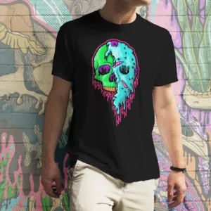 Black t-shirt featuring horror gothic illustration of a neon melting skull wearing Jason Voorhees’ hockey mask in vivid dripping colors, original artwork by illymakes.