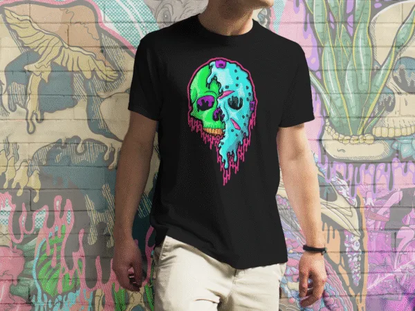 Black t-shirt featuring horror gothic illustration of a neon melting skull wearing Jason Voorhees’ hockey mask in vivid dripping colors, original artwork by illymakes.