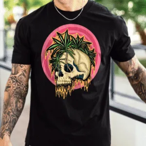 Drippy Tropical Skull design on a black t-shirt. A neon gothic skull with tropical palm trees, dripping in vibrant horror aesthetic. A perfect alternative fashion piece for dark art lovers.