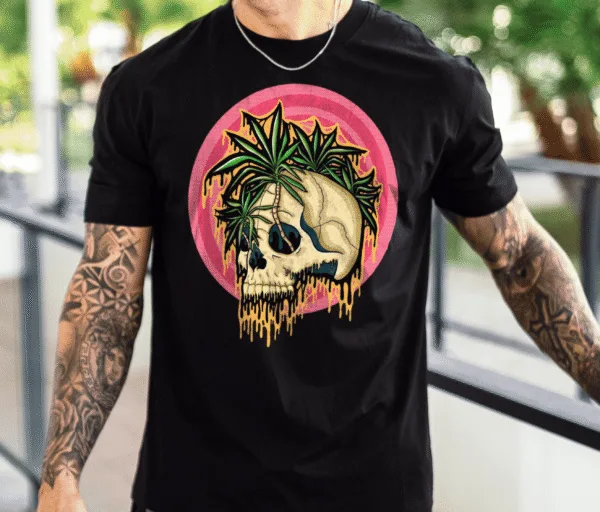 Drippy Tropical Skull design on a black t-shirt. A neon gothic skull with tropical palm trees, dripping in vibrant horror aesthetic. A perfect alternative fashion piece for dark art lovers.