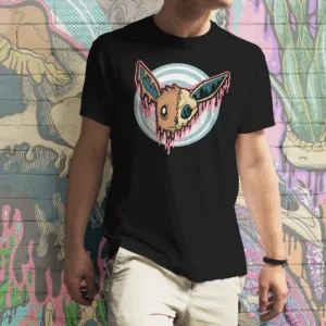 Drippy Eevee Skull horror-inspired Pokémon t-shirt on black. Creepy cute meets macabre with a melting skeletal Eevee design.