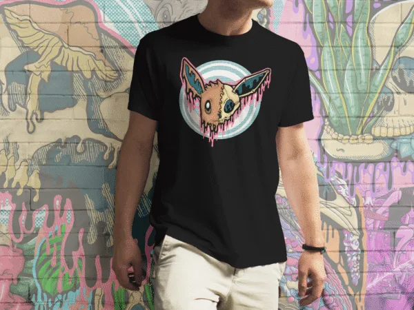 Drippy Eevee Skull horror-inspired Pokémon t-shirt on black. Creepy cute meets macabre with a melting skeletal Eevee design.