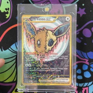 Custom Drippy Eevee EX card featuring cute skull artwork, gold border, and holographic shine in magnetic slab