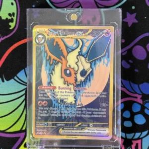 Drippy Flareon EX fan-made Pokémon card with fiery skull art and full art gold-style design in slab