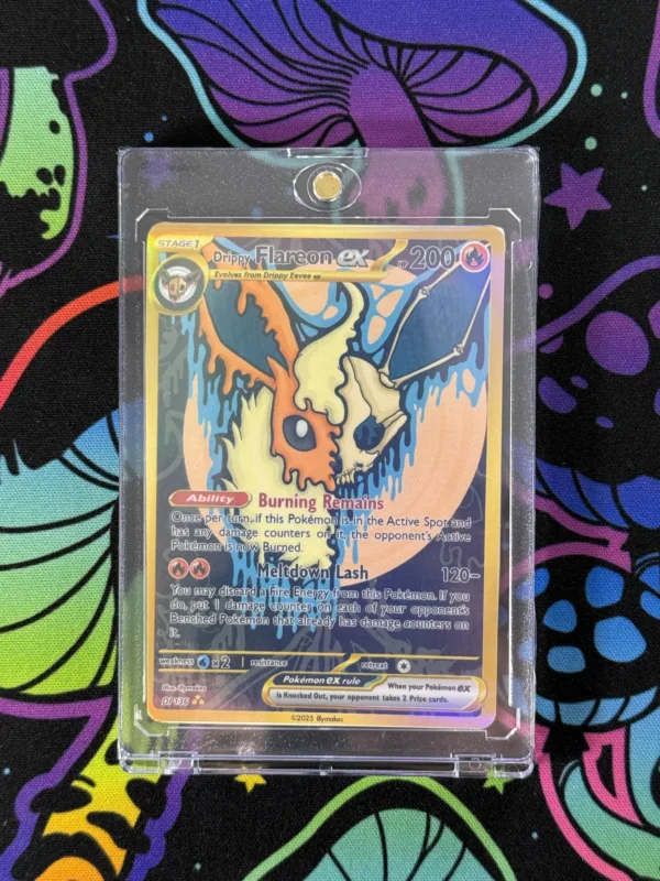 Drippy Flareon EX fan-made Pokémon card with fiery skull art and full art gold-style design in slab
