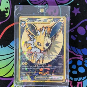 Jolteon EX custom Pokémon card with spooky electric-type skull design and holographic finish in magnetic case