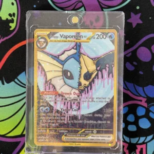 Custom Vaporeon EX card with water-type skull art and shimmering laminate, sealed in magnetic display slab