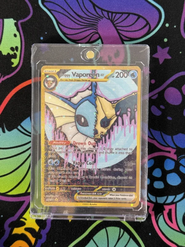 Custom Vaporeon EX card with water-type skull art and shimmering laminate, sealed in magnetic display slab