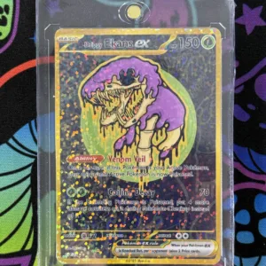 Custom Drippy Ekans EX card featuring spooky snake skull design and holographic finish in magnetic slab
