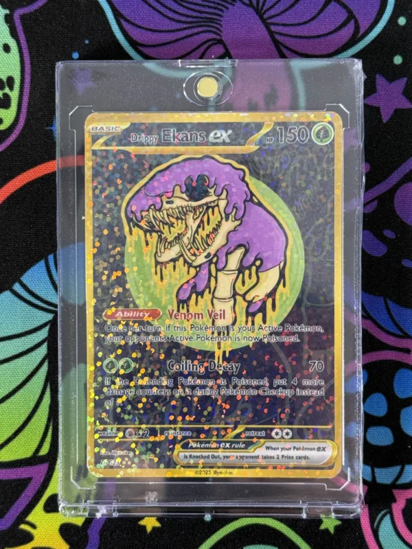 Custom Drippy Ekans EX card featuring spooky snake skull design and holographic finish in magnetic slab