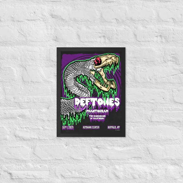 Framed Drippy Deftones Buffalo, NY fan concert poster with serpent skull, neon green drips, and purple backdrop in a matte black wood frame.