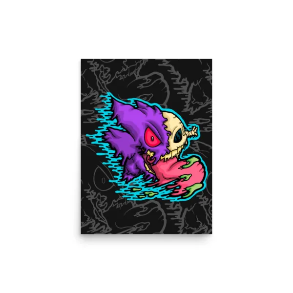 Drippy Gengar Tongue Skeleton poster print on matte paper. Half Gengar, half skull with neon drips and a massive pink tongue oozing green slime.