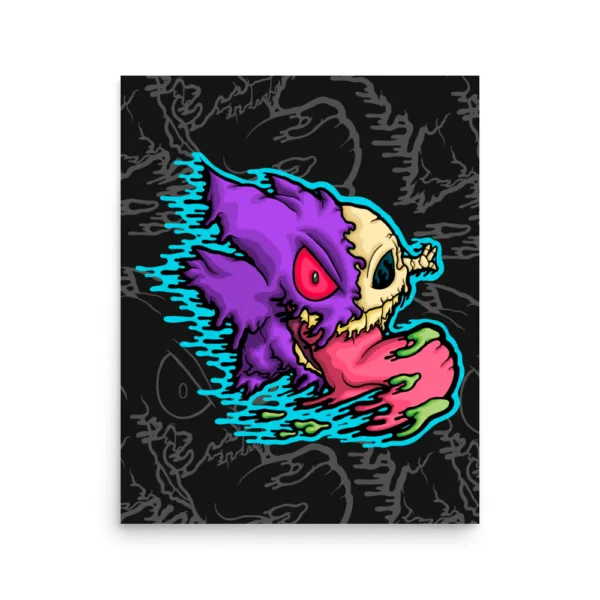 Drippy Gengar Tongue Skeleton poster print on matte paper. Half Gengar, half skull with neon drips and a massive pink tongue oozing green slime.