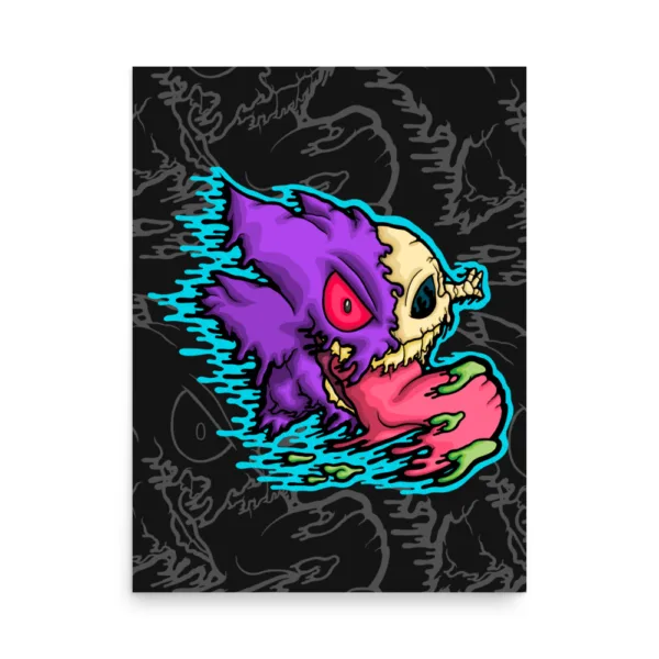 Drippy Gengar Tongue Skeleton poster print on matte paper. Half Gengar, half skull with neon drips and a massive pink tongue oozing green slime.