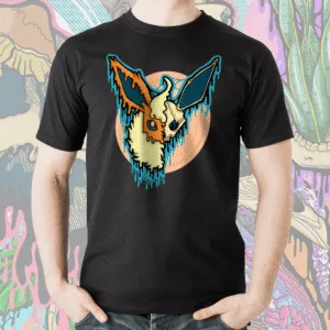 Drippy Flareon Skull T-Shirt | Pokémon Gothic Graphic Tee | Fiery Melting Skull Fan Art by illymakes Black t-shirt featuring Pokémon-inspired gothic fan art of Flareon depicted as a melting skull in vibrant orange, cream, teal, and aqua colors, artwork by illymakes.
