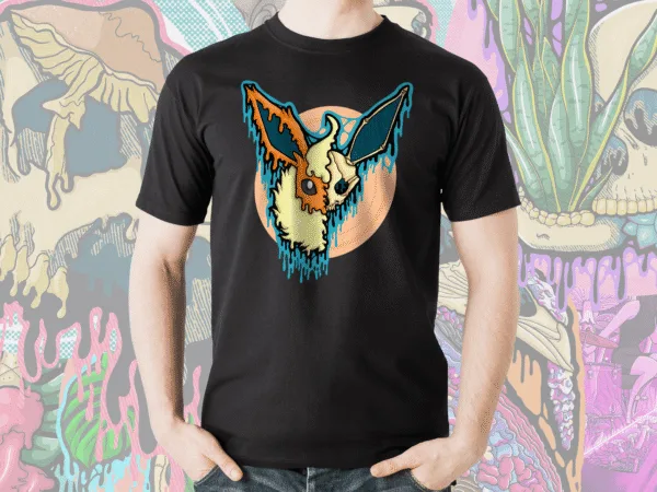 Drippy Flareon Skull T-Shirt | Pokémon Gothic Graphic Tee | Fiery Melting Skull Fan Art by illymakes Black t-shirt featuring Pokémon-inspired gothic fan art of Flareon depicted as a melting skull in vibrant orange, cream, teal, and aqua colors, artwork by illymakes.