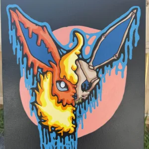 Original acrylic painting of a Drippy Flareon Skull on 20x16 canvas. A fiery orange and yellow skull drips into blue streaks against a pink circle. One-of-a-kind artwork, signed and labeled on the back.