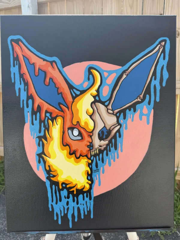 Original acrylic painting of a Drippy Flareon Skull on 20x16 canvas. A fiery orange and yellow skull drips into blue streaks against a pink circle. One-of-a-kind artwork, signed and labeled on the back.