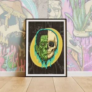 Bring a gothic classic to your walls with the Drippy Frankenstein Skull Poster, reimagining the legendary monster in haunting drippy skull art. Perfect for spooky home decor and horror fans.