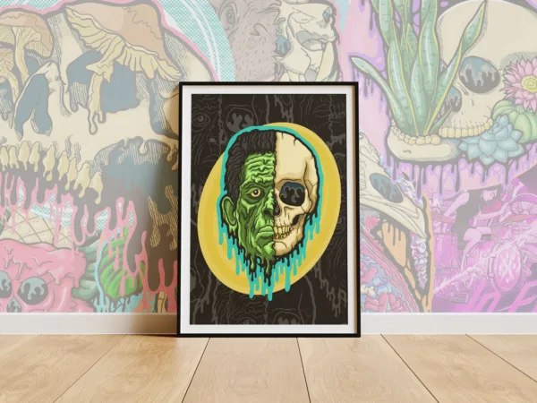 Bring a gothic classic to your walls with the Drippy Frankenstein Skull Poster, reimagining the legendary monster in haunting drippy skull art. Perfect for spooky home decor and horror fans.