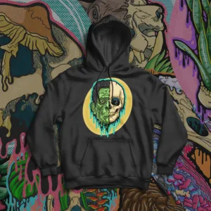Stay spooky with the Drippy Frankenstein Skull Hoodie, bringing classic monster vibes to life in haunting drippy skull art. Perfect for gothic streetwear and horror fans.