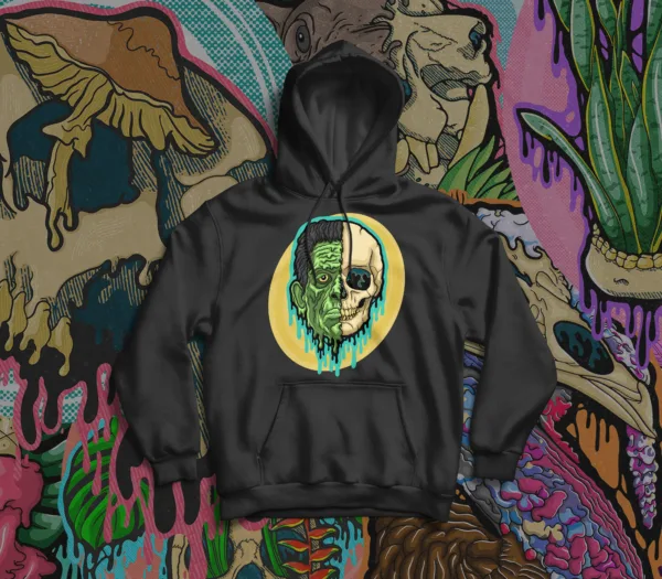 Stay spooky with the Drippy Frankenstein Skull Hoodie, bringing classic monster vibes to life in haunting drippy skull art. Perfect for gothic streetwear and horror fans.