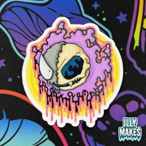 decal showcasing Pokémon gothic illustration of Gastly as a colorful melting skeleton detailed in vibrant purple, pink, cream, grey, black, and teal dripping colors, by illymakes.