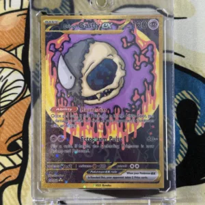 Custom Drippy Gastly EX Pokémon card with skull ghost design, gold full art border, and holographic laminate without case