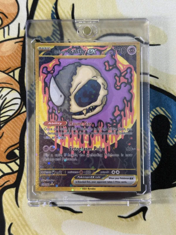Custom Drippy Gastly EX Pokémon card with skull ghost design, gold full art border, and holographic laminate without case