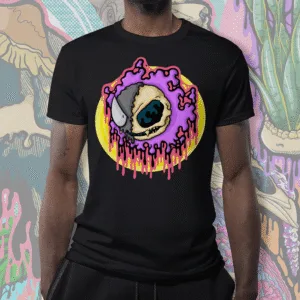 Drippy Gastly Skeleton T-Shirt | Pokémon Gothic Graphic Tee | Melting Ghost Skull Fan Art by illymakes Black t-shirt featuring Pokémon-inspired gothic illustration of Gastly depicted as a melting skeleton with vivid purple, pink, cream, grey, black, and teal dripping effects, artwork by illymakes.