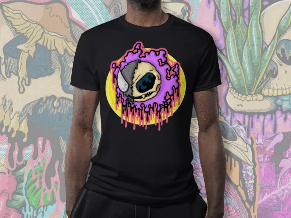 Drippy Gastly Skeleton T-Shirt | Pokémon Gothic Graphic Tee | Melting Ghost Skull Fan Art by illymakes Black t-shirt featuring Pokémon-inspired gothic illustration of Gastly depicted as a melting skeleton with vivid purple, pink, cream, grey, black, and teal dripping effects, artwork by illymakes.