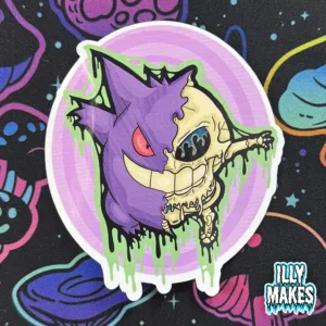 vinyl decal showcasing a vibrant drippy illustration of Pokémon’s Gengar as a gothic skeleton with purple, red, and lavender colors, featuring a unique rainbow reflective finish, original art by illymakes.
