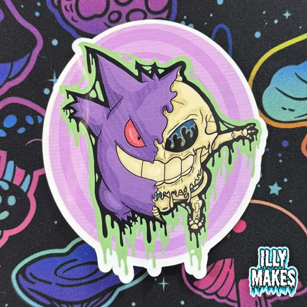 vinyl decal showcasing a vibrant drippy illustration of Pokémon’s Gengar as a gothic skeleton with purple, red, and lavender colors, featuring a unique rainbow reflective finish, original art by illymakes.