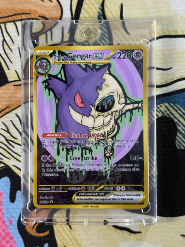 Drippy Gengar EX handmade Pokémon card with spooky skull design, gold border, and holo finish