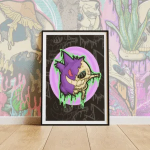 Drippy Gengar Skull art print on matte paper. Half Gengar, half skull, with dripping neon green textures and a lavender circle backdrop.