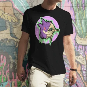 A Black Drippy Gengar Skull t-shirt, featuring a spooky yet vibrant design of a half-melted Gengar with a haunting skull, dripping neon green ooze, and a hypnotic purple swirl background. A perfect tee for ghost Pokémon fans, gothic streetwear lovers, and horror-inspired fashion enthusiasts.
