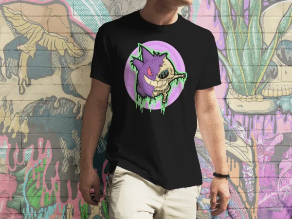 A Black Drippy Gengar Skull t-shirt, featuring a spooky yet vibrant design of a half-melted Gengar with a haunting skull, dripping neon green ooze, and a hypnotic purple swirl background. A perfect tee for ghost Pokémon fans, gothic streetwear lovers, and horror-inspired fashion enthusiasts.