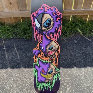 Original acrylic skateboard deck featuring drippy skull designs of Gastly, Haunter, and Gengar stacked vertically. Painted in neon colors with fluorescent blacklight glow, finished in acrylic gloss. Unique 1 of 1, signed and labeled on the back. Stand not included.