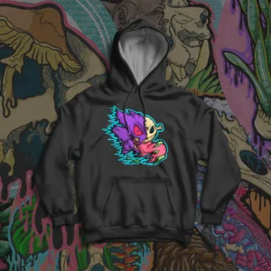 Black unisex hoodie featuring a drippy Gengar skull with exposed bone, glowing red eye, and a long pink tongue dripping neon green slime.