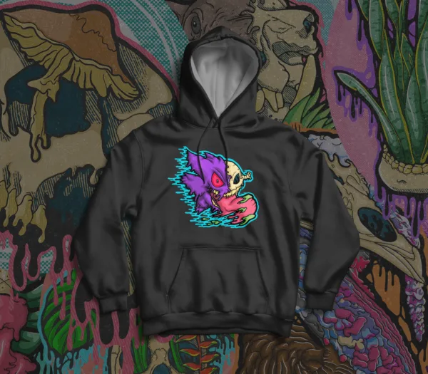Black unisex hoodie featuring a drippy Gengar skull with exposed bone, glowing red eye, and a long pink tongue dripping neon green slime.