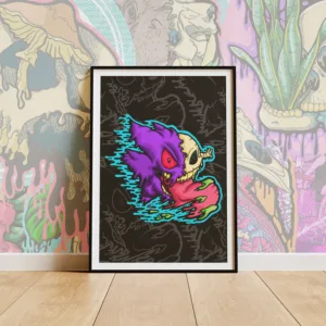 Drippy Gengar Tongue Skeleton poster print on matte paper. Half Gengar, half skull with neon drips and a massive pink tongue oozing green slime.