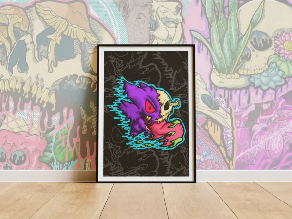 Drippy Gengar Tongue Skeleton poster print on matte paper. Half Gengar, half skull with neon drips and a massive pink tongue oozing green slime.