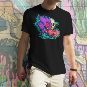Black unisex cotton t-shirt featuring a drippy Gengar skull with exposed bone, glowing red eye, and a long pink tongue dripping with neon green slime.