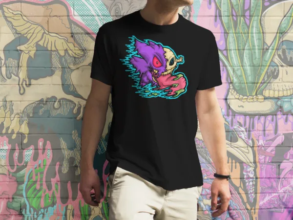 Black unisex cotton t-shirt featuring a drippy Gengar skull with exposed bone, glowing red eye, and a long pink tongue dripping with neon green slime.